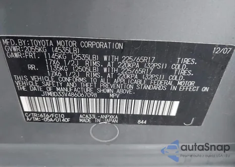 2008 Toyota Rav4 z USA, uszkodzony, nr VIN JTMBD33V486067098